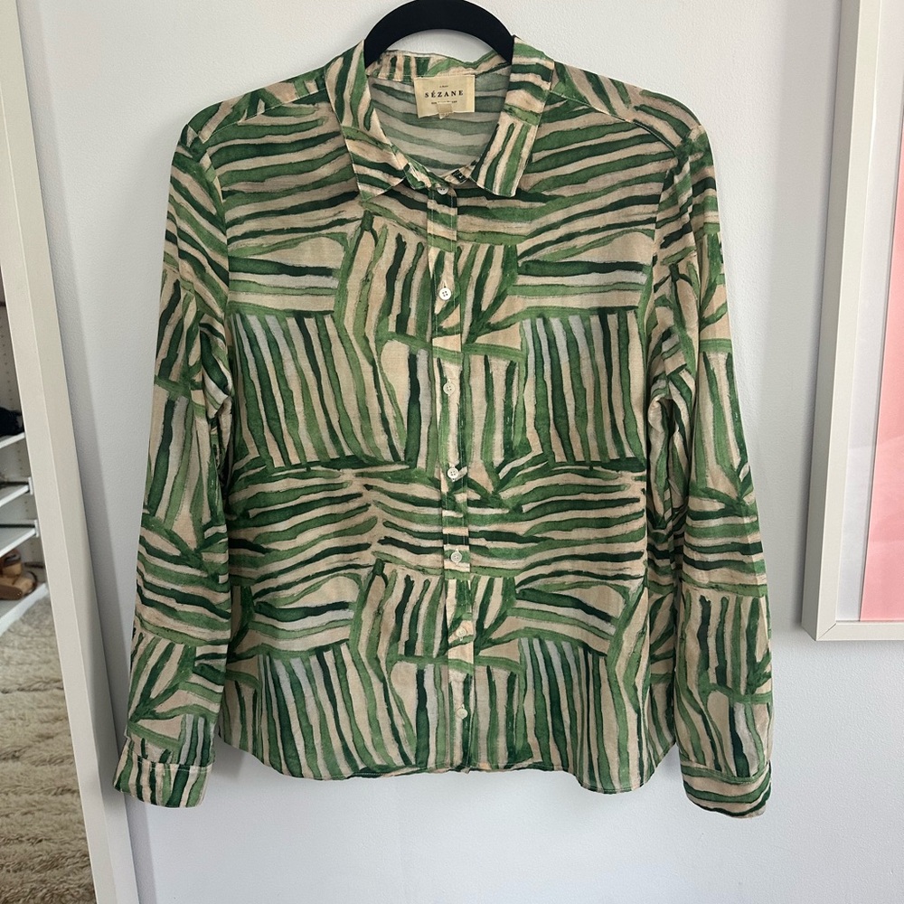Sezane Green and Cream Striped Button Up Shirt